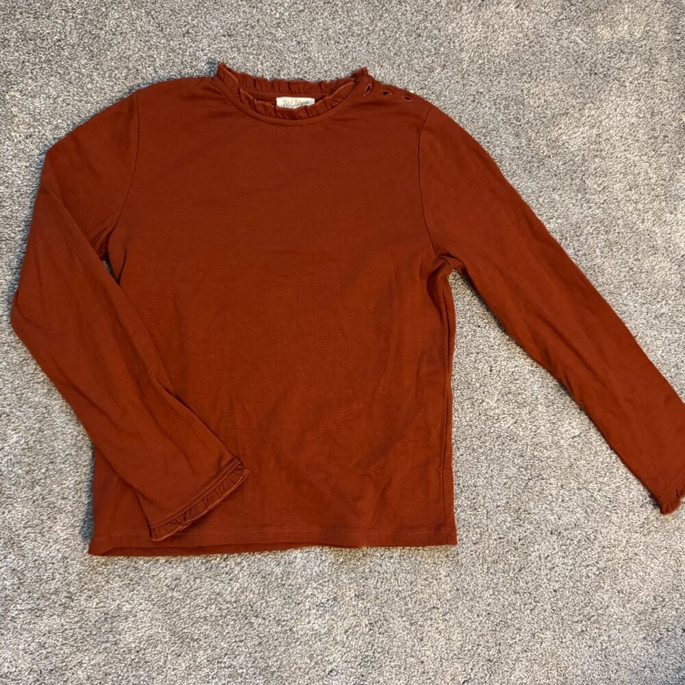 Petit Sézane Brown long sleeve shirt size 12 ruffle at collar and cuffs